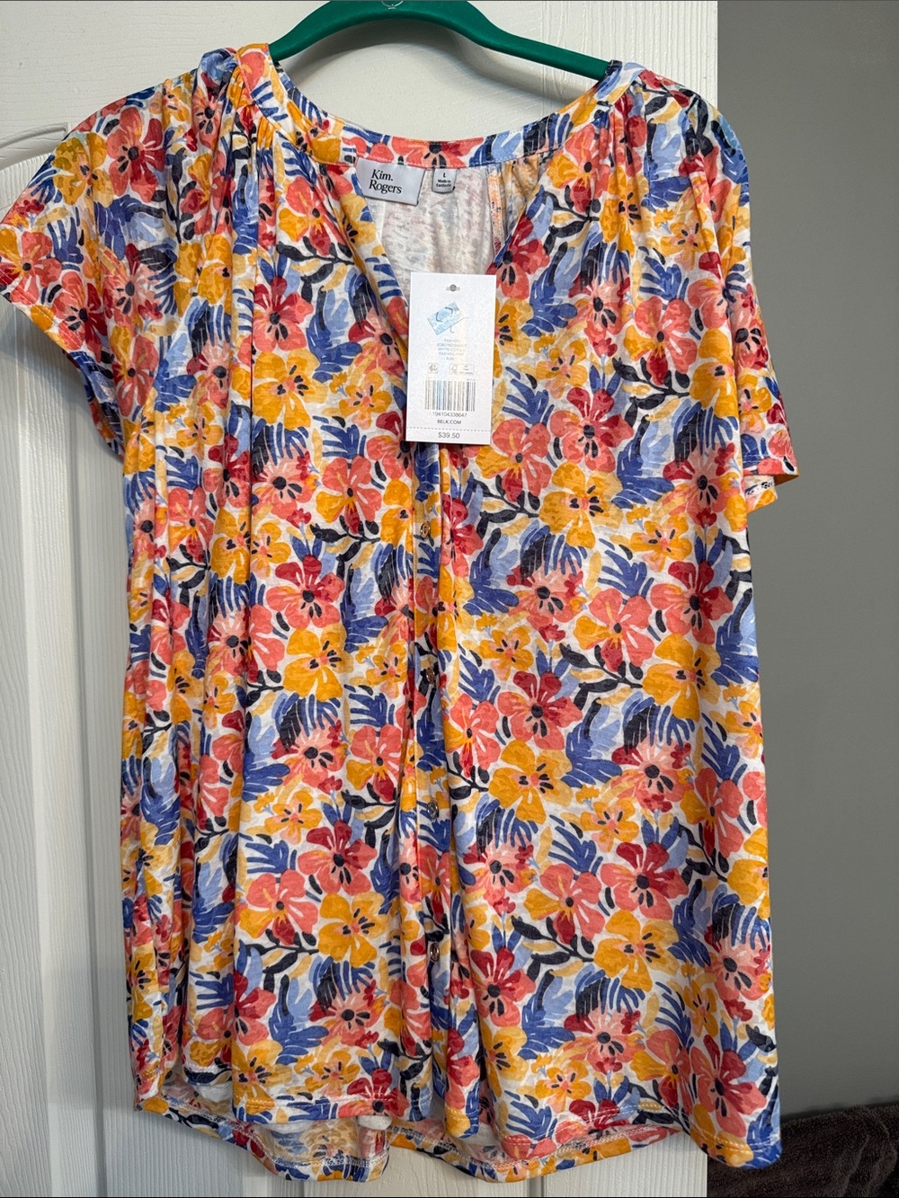 Kim Rogers Floral Short Sleeve V-Neck Top - snap button down NWT